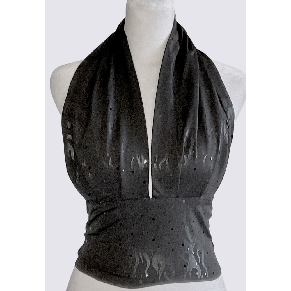 Vtg Sabora Salsa Jeans Y2K 90s goth glam party club open back halter top flame M